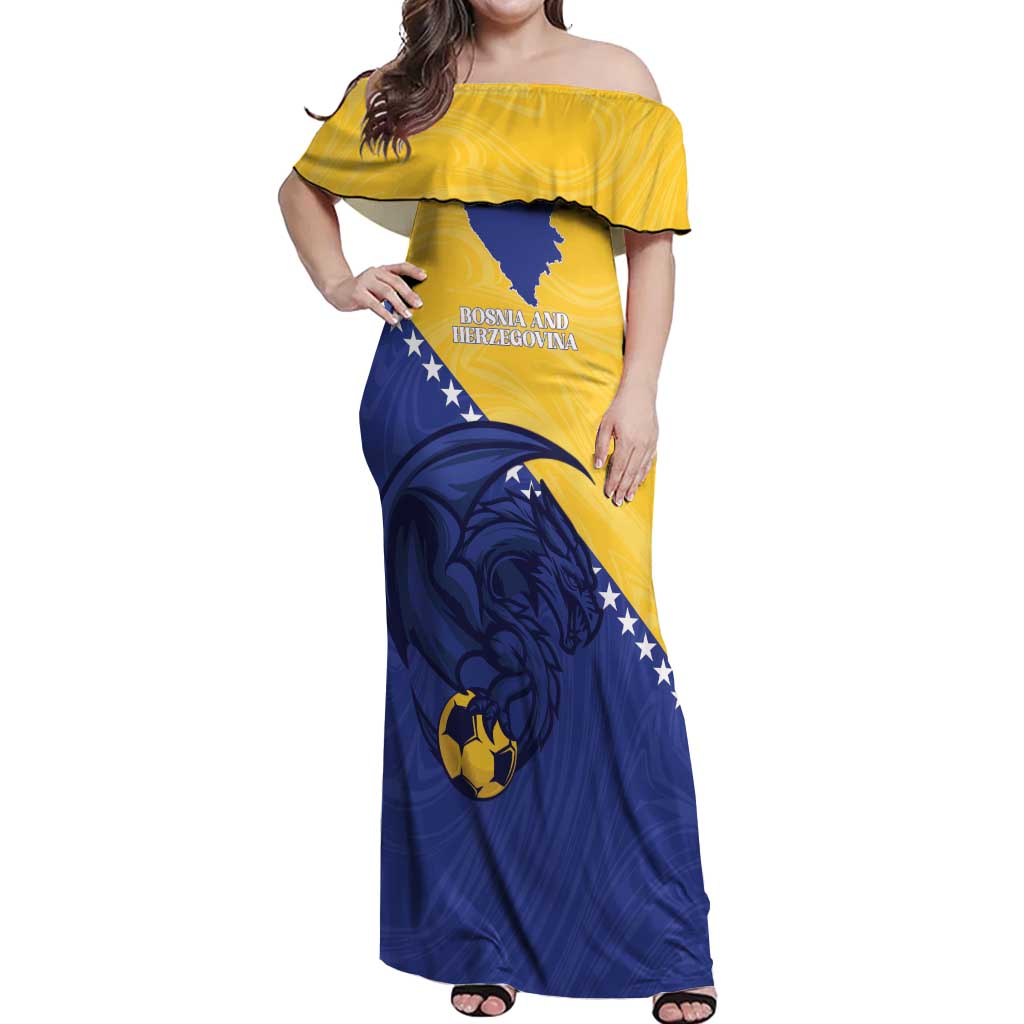 Custom Bosnia and Herzegovina Football 2026 Off Shoulder Maxi Dress The Dragons Of Europe - Wonder Print Shop