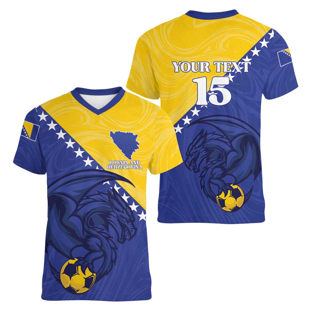 Custom Bosnia and Herzegovina Football 2026 Women V-Neck T-Shirt The Dragons Of Europe - Wonder Print Shop