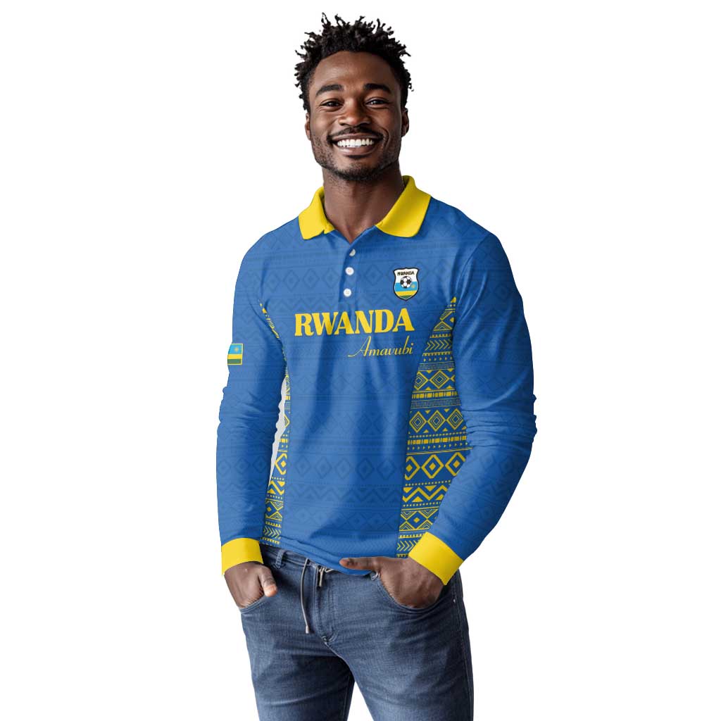 Rwanda Football Custom Long Sleeve Polo Shirt Stand With Amavubi - Blue - Wonder Print Shop