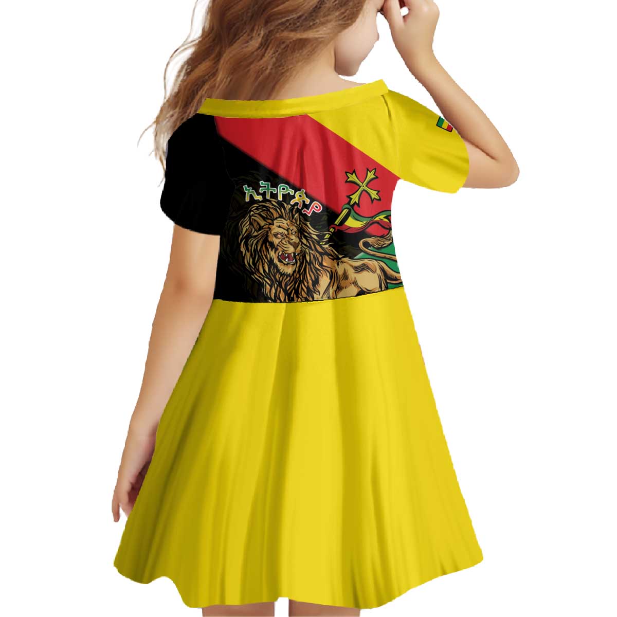 Ethiopia Empire 1270-1974 Family Matching Off The Shoulder Long Sleeve Dress and Hawaiian Shirt Lion Of Judah With Ethiopian Cross