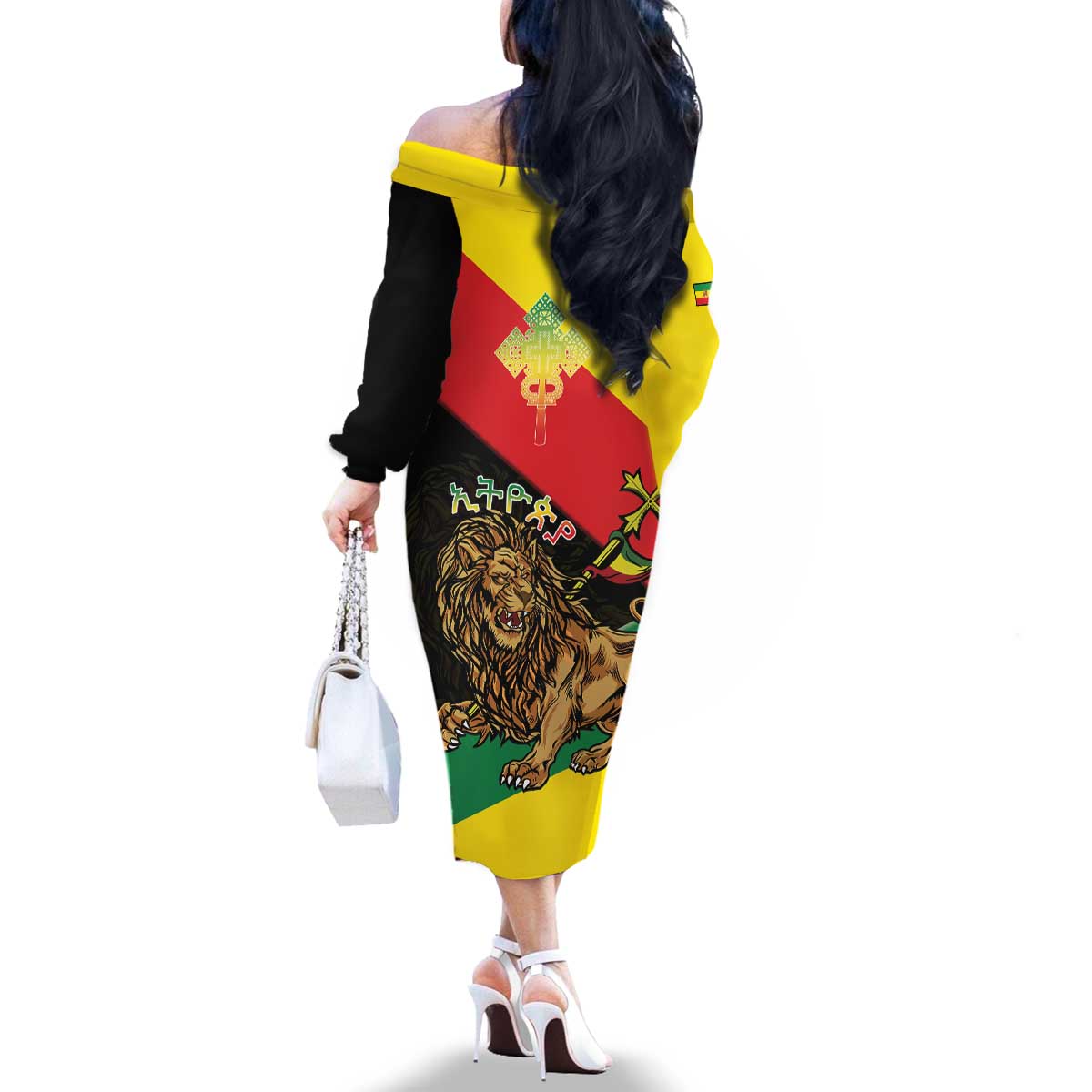 Ethiopia Empire 1270-1974 Family Matching Off The Shoulder Long Sleeve Dress and Hawaiian Shirt Lion Of Judah With Ethiopian Cross