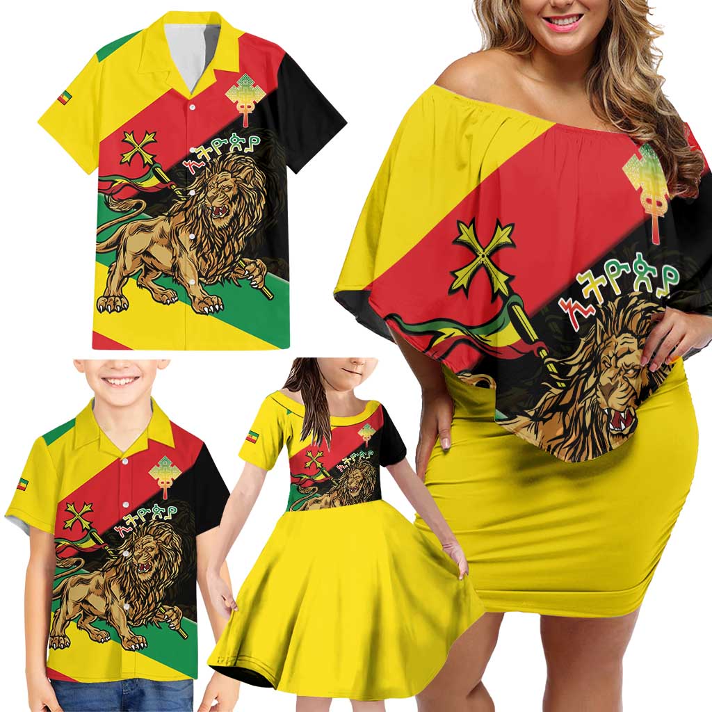Ethiopia Empire 1270-1974 Family Matching Off Shoulder Short Dress and Hawaiian Shirt Lion Of Judah With Ethiopian Cross