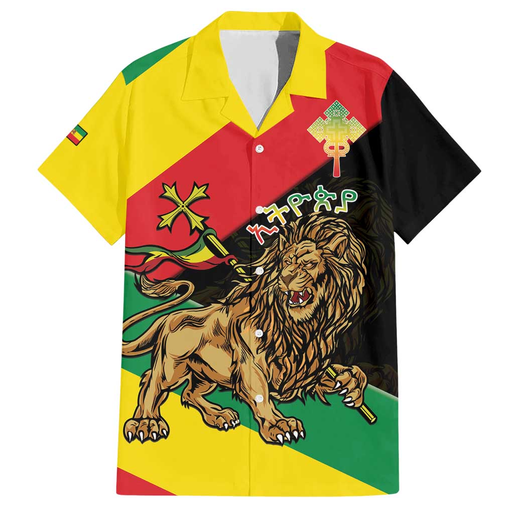 Ethiopia Empire 1270-1974 Family Matching Short Sleeve Bodycon Dress and Hawaiian Shirt Lion Of Judah With Ethiopian Cross