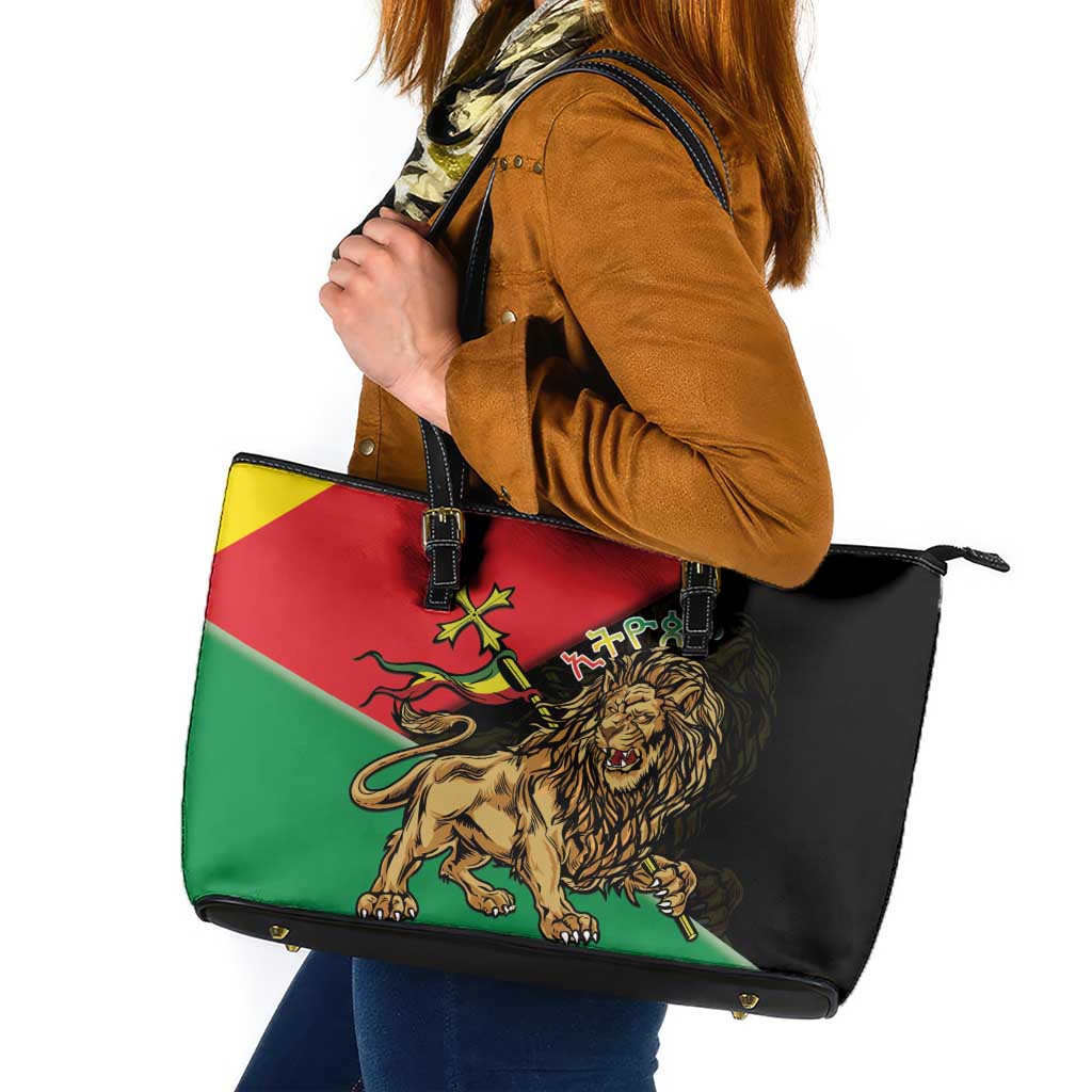 Ethiopia Empire 1270-1974 Leather Tote Bag Lion Of Judah With Ethiopian Cross