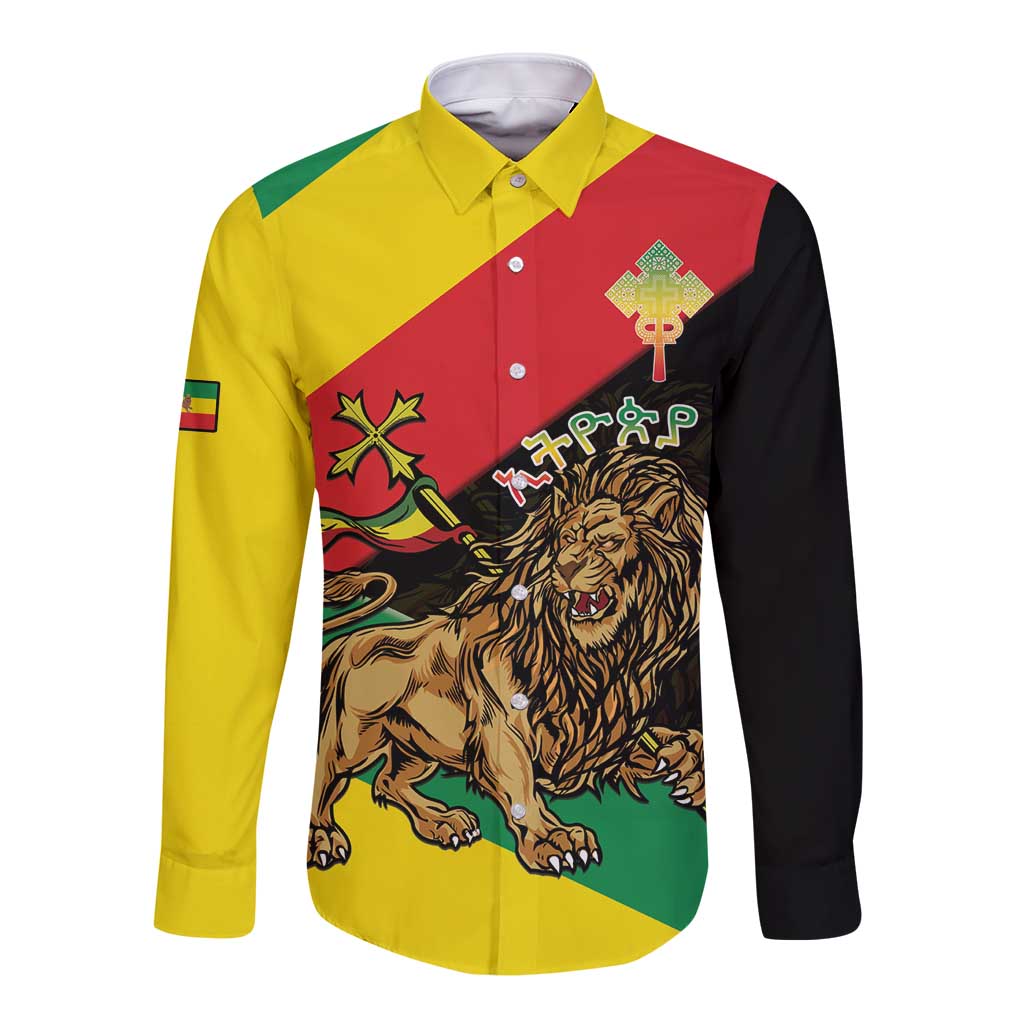 Ethiopia Empire 1270-1974 Long Sleeve Button Shirt Lion Of Judah With Ethiopian Cross