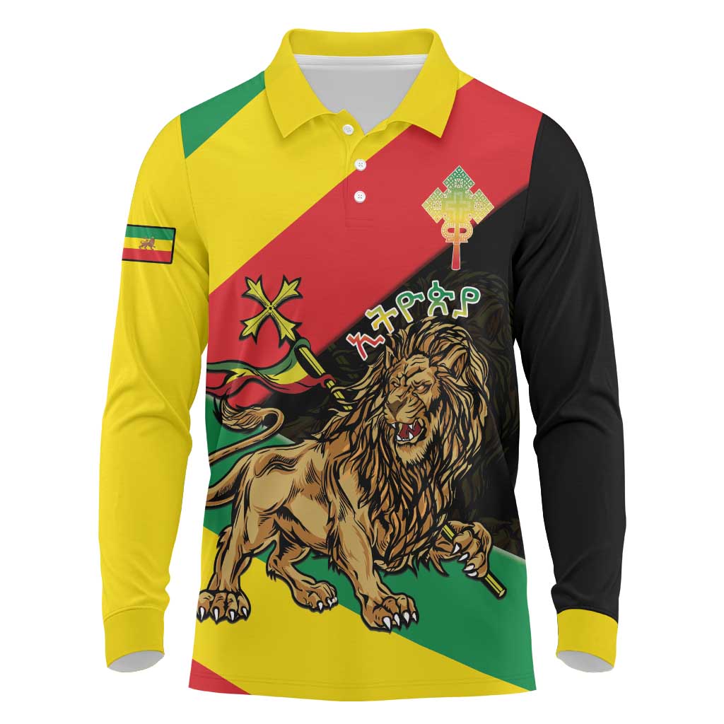 Ethiopia Empire 1270-1974 Long Sleeve Polo Shirt Lion Of Judah With Ethiopian Cross