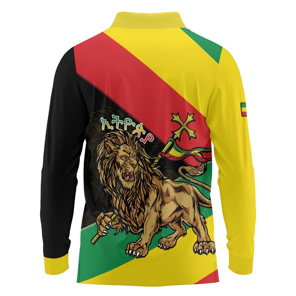 Ethiopia Empire 1270-1974 Long Sleeve Polo Shirt Lion Of Judah With Ethiopian Cross