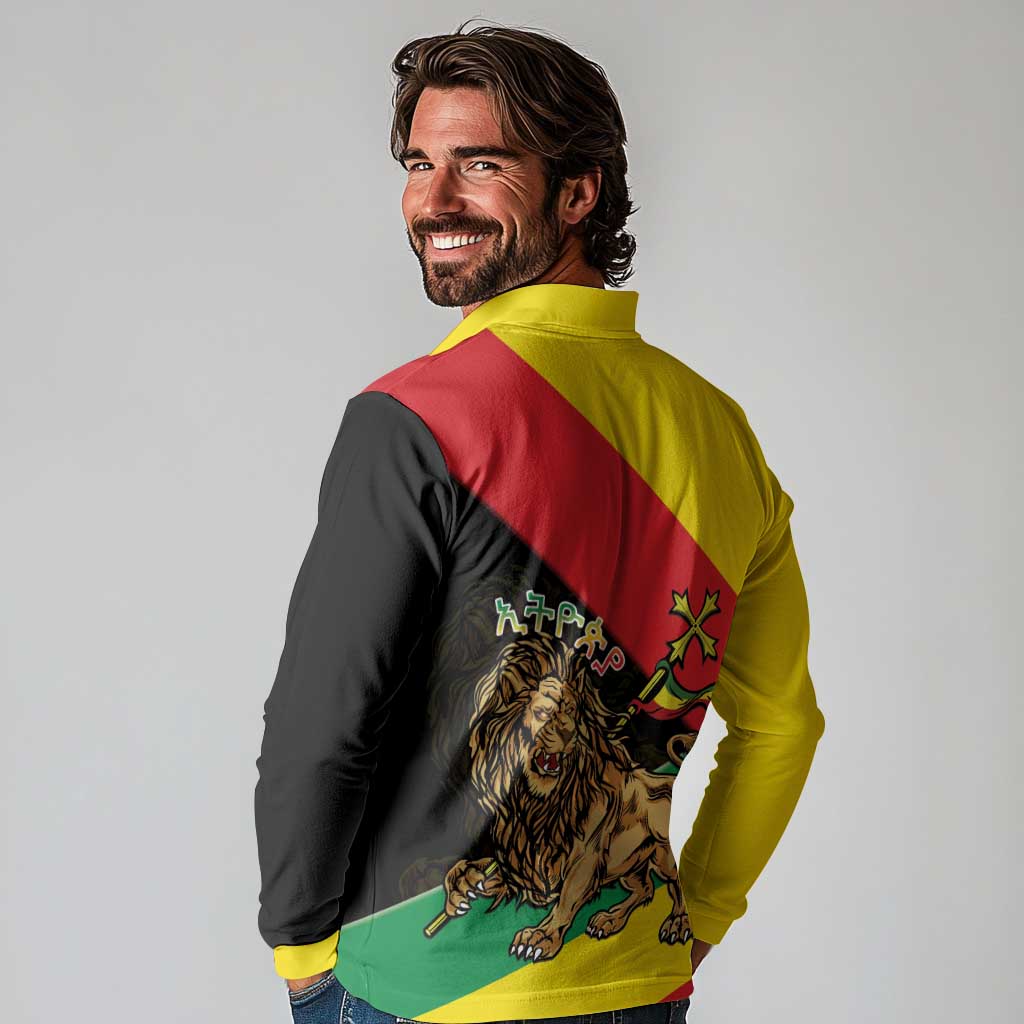 Ethiopia Empire 1270-1974 Long Sleeve Polo Shirt Lion Of Judah With Ethiopian Cross