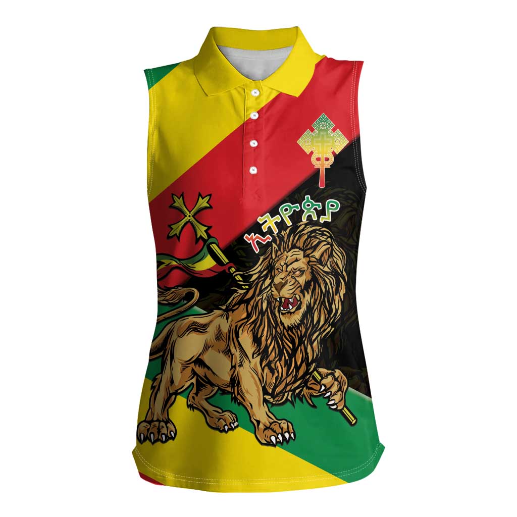 Ethiopia Empire 1270-1974 Women Sleeveless Polo Shirt Lion Of Judah With Ethiopian Cross