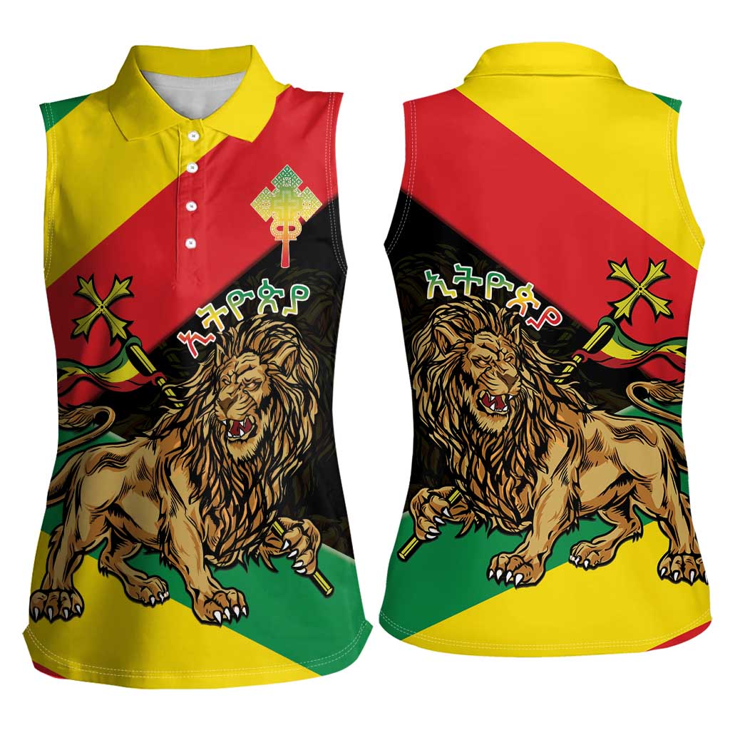 Ethiopia Empire 1270-1974 Women Sleeveless Polo Shirt Lion Of Judah With Ethiopian Cross