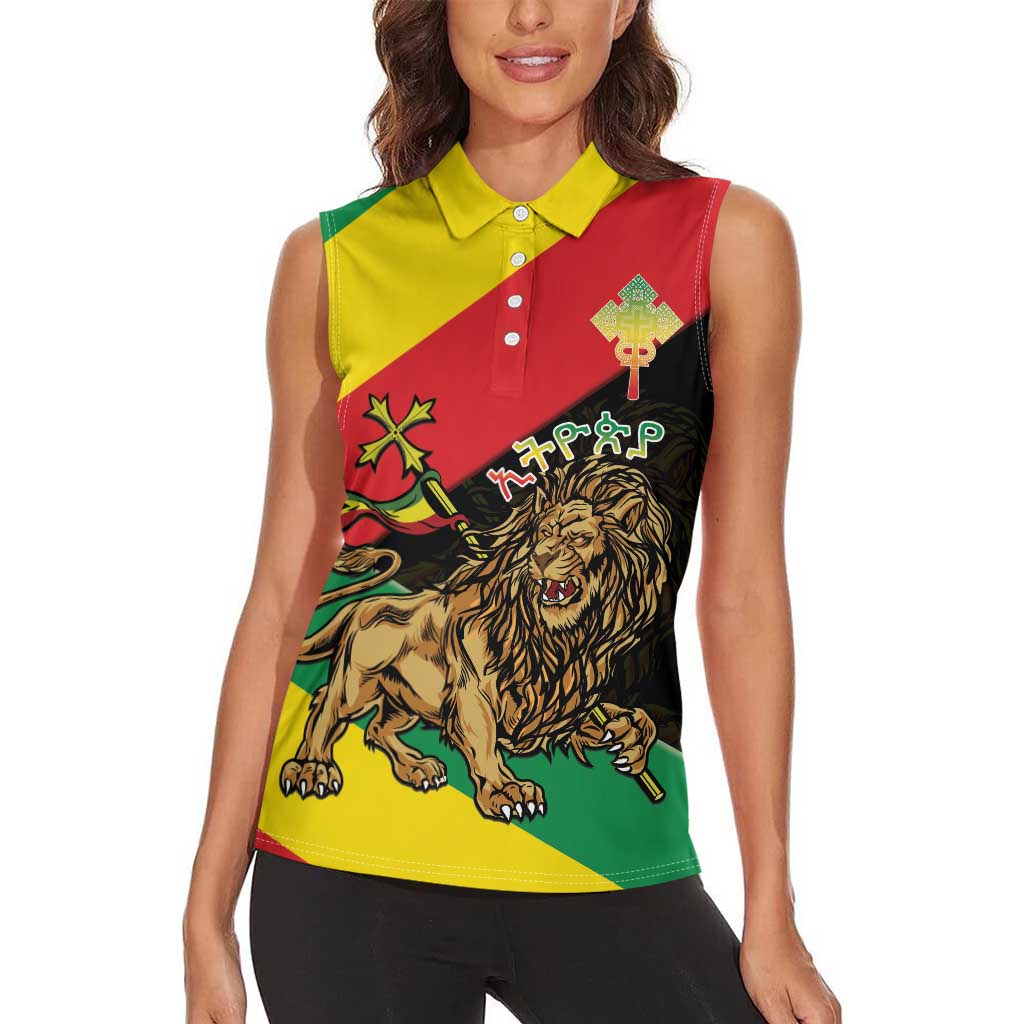 Ethiopia Empire 1270-1974 Women Sleeveless Polo Shirt Lion Of Judah With Ethiopian Cross