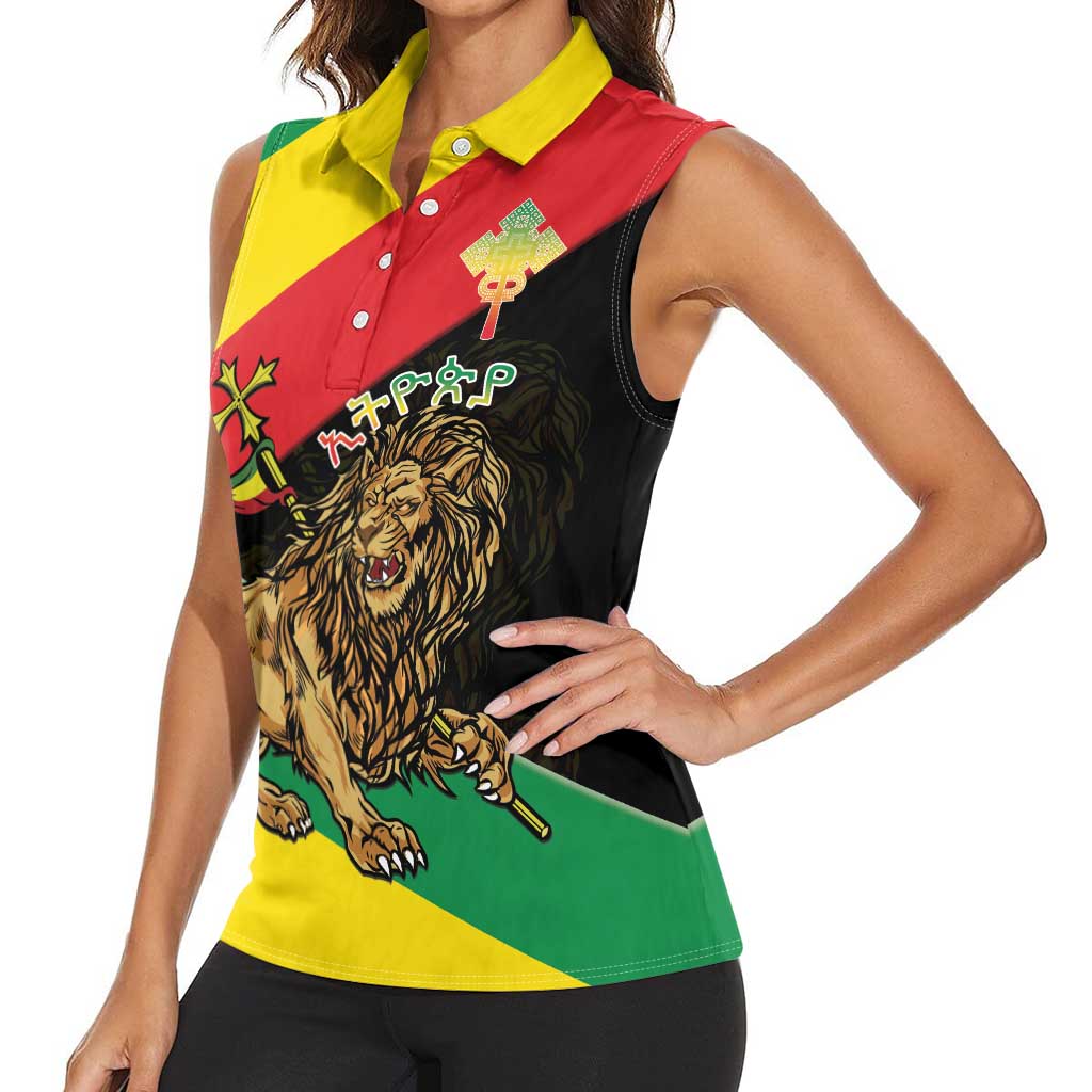 Ethiopia Empire 1270-1974 Women Sleeveless Polo Shirt Lion Of Judah With Ethiopian Cross