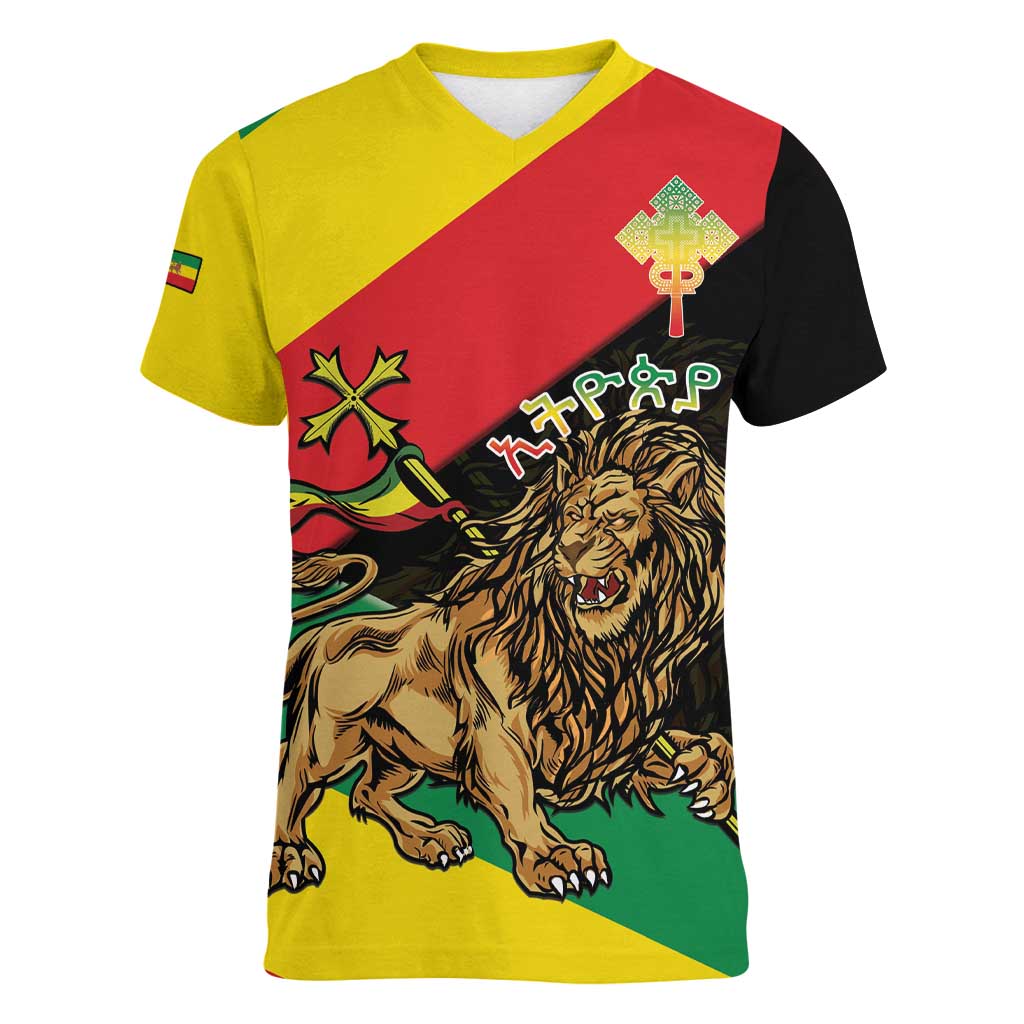 Ethiopia Empire 1270-1974 Women V-Neck T-Shirt Lion Of Judah With Ethiopian Cross