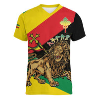 Ethiopia Empire 1270-1974 Women V-Neck T-Shirt Lion Of Judah With Ethiopian Cross