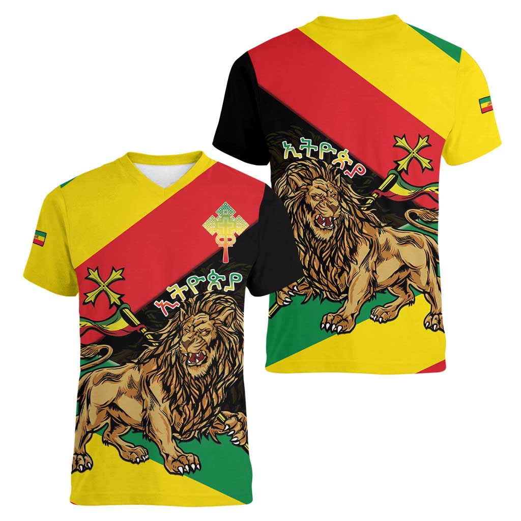 Ethiopia Empire 1270-1974 Women V-Neck T-Shirt Lion Of Judah With Ethiopian Cross