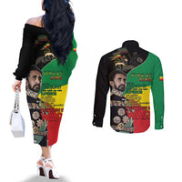 Haile Selassie Couples Matching Off The Shoulder Long Sleeve Dress and Long Sleeve Button Shirt Lion Of Judah Ethiopia Rastafari