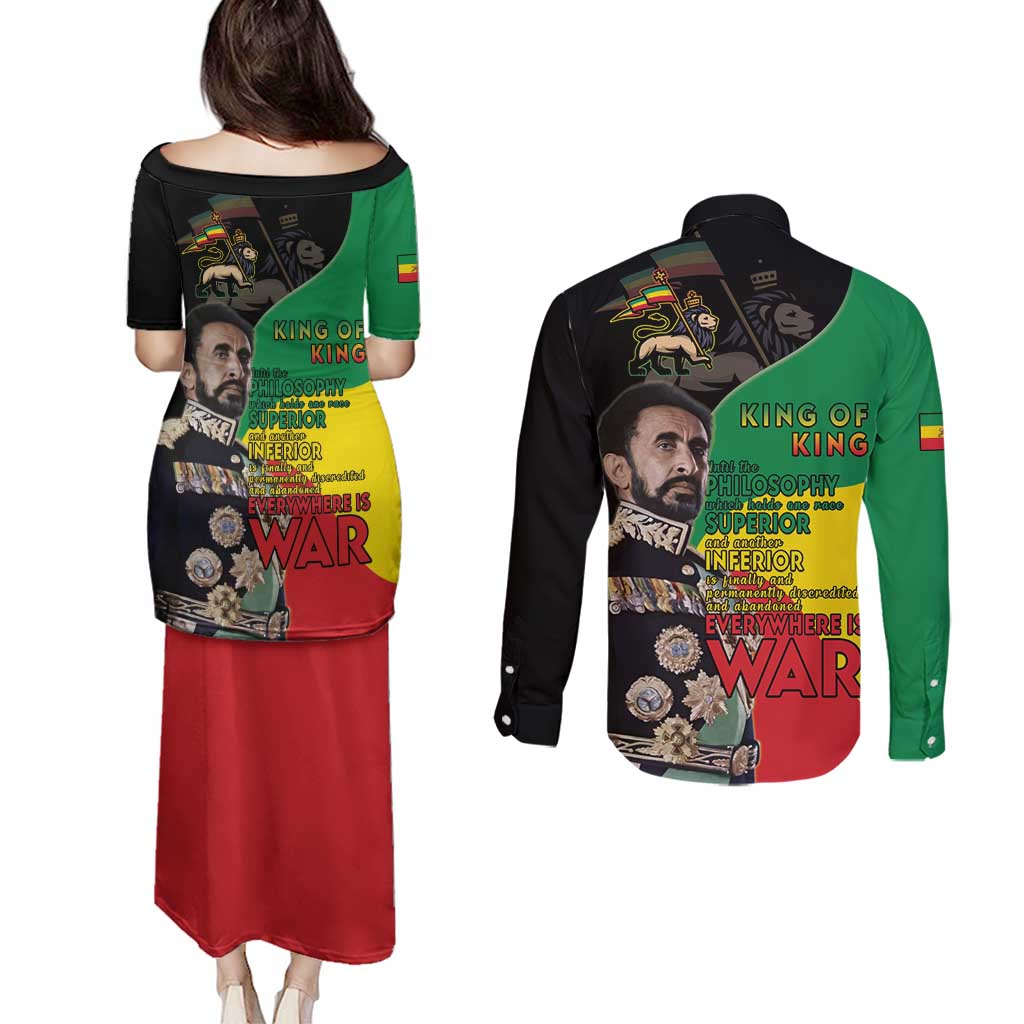 Haile Selassie Couples Matching Puletasi and Long Sleeve Button Shirt Lion Of Judah Ethiopia Rastafari