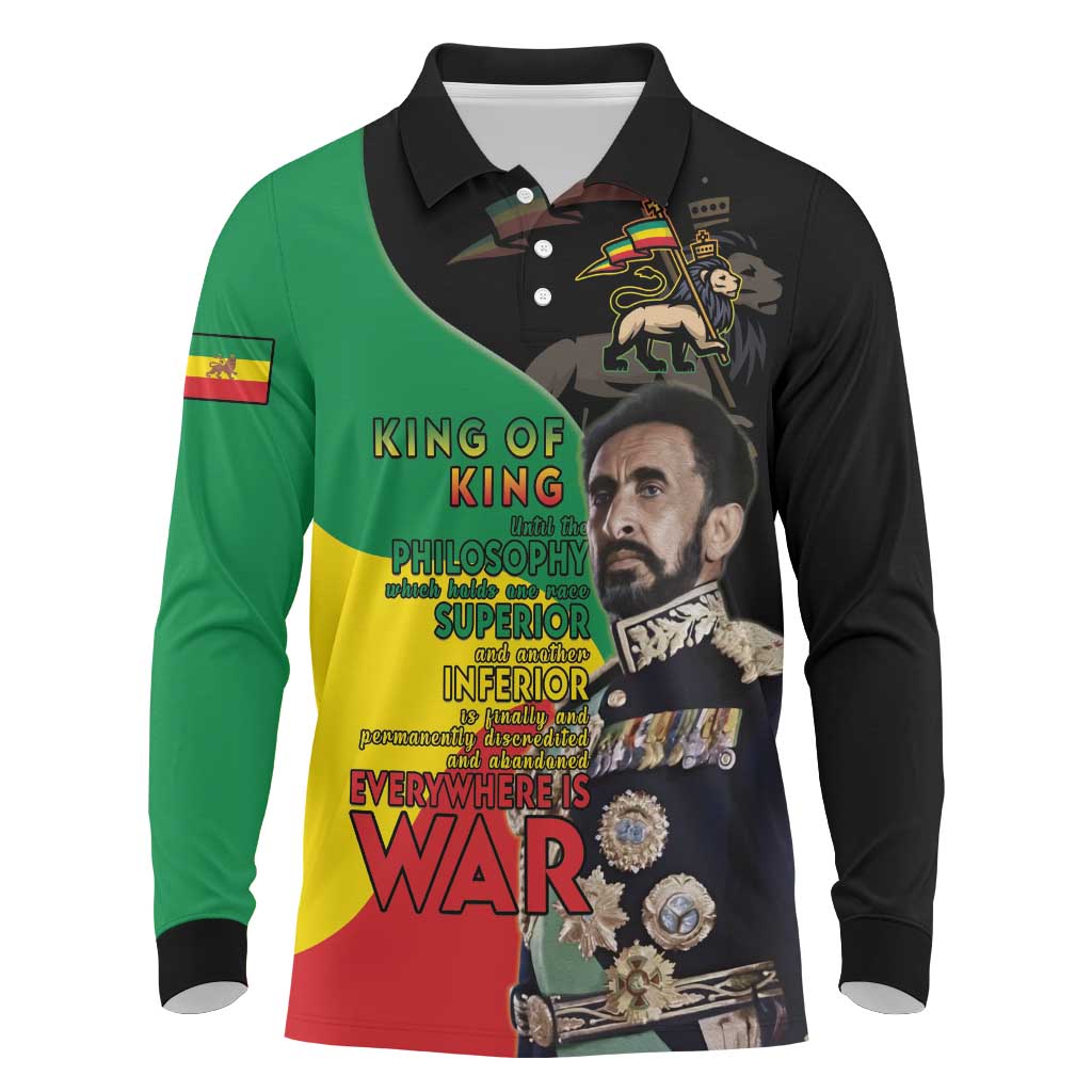 Haile Selassie Long Sleeve Polo Shirt Lion Of Judah Ethiopia Rastafari