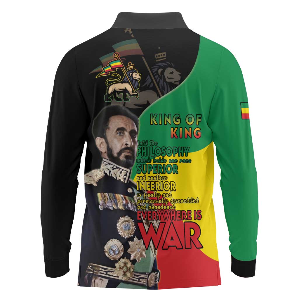Haile Selassie Long Sleeve Polo Shirt Lion Of Judah Ethiopia Rastafari