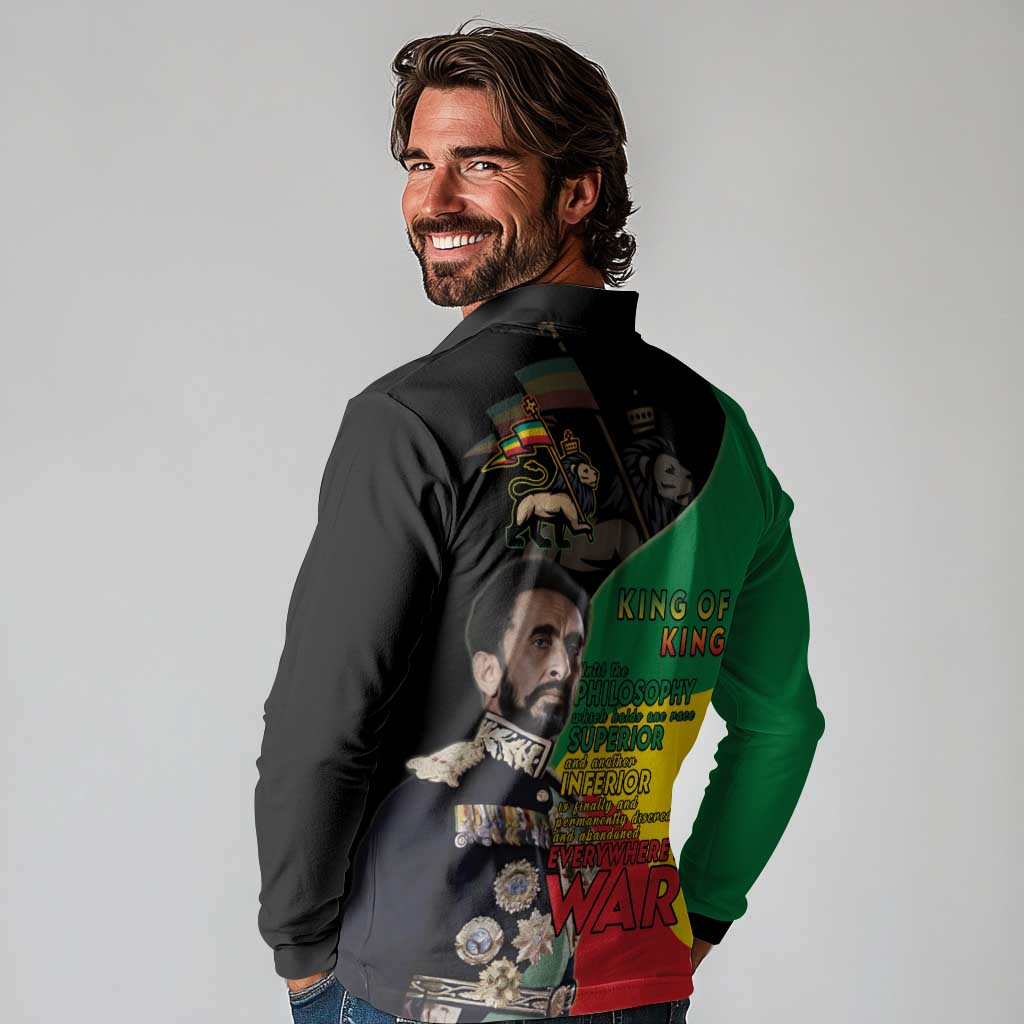 Haile Selassie Long Sleeve Polo Shirt Lion Of Judah Ethiopia Rastafari