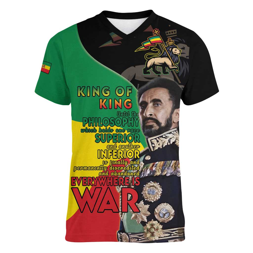 Haile Selassie Women V-Neck T-Shirt Lion Of Judah Ethiopia Rastafari