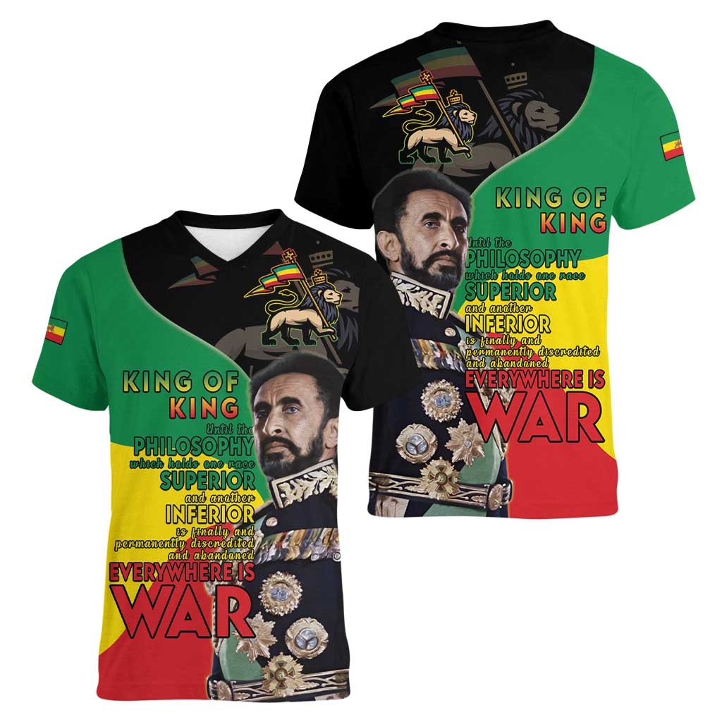 Haile Selassie Women V-Neck T-Shirt Lion Of Judah Ethiopia Rastafari