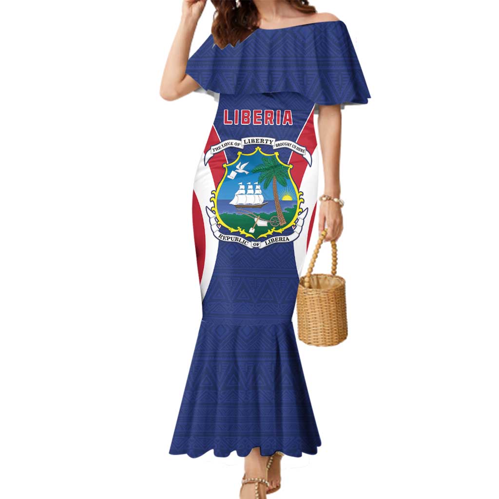 Personalised Liberia Family Matching Mermaid Dress and Hawaiian Shirt Coat Of Arms With Flag Map