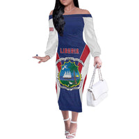 Personalised Liberia Family Matching Off The Shoulder Long Sleeve Dress and Hawaiian Shirt Coat Of Arms With Flag Map