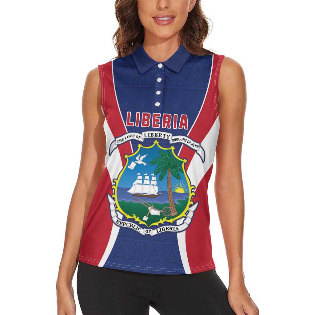 Personalised Liberia Women Sleeveless Polo Shirt Coat Of Arms With Flag Map