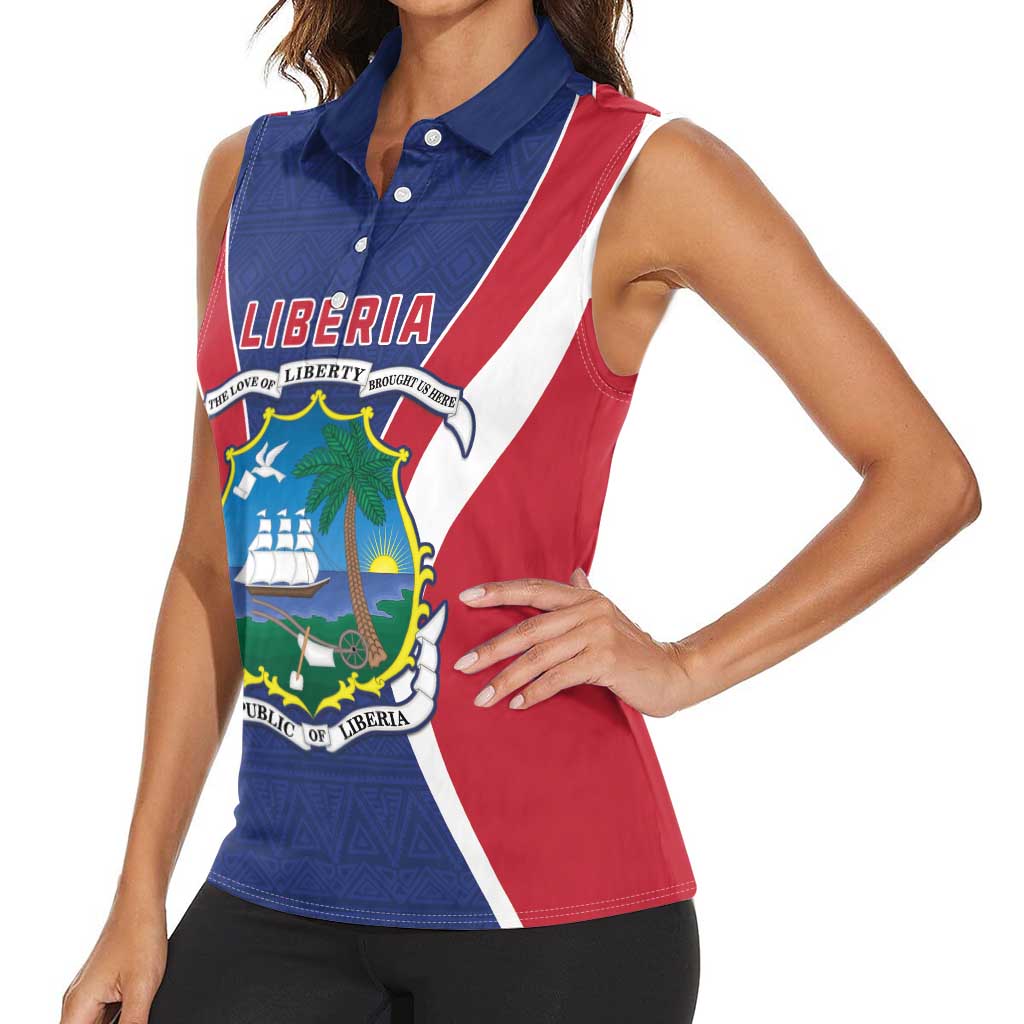 Personalised Liberia Women Sleeveless Polo Shirt Coat Of Arms With Flag Map