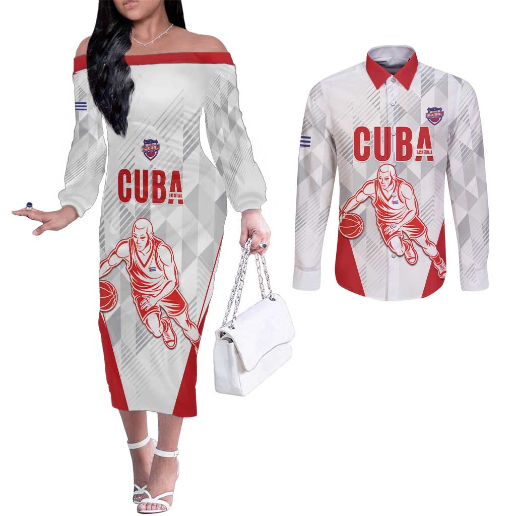 Custom Cuba Basketball Couples Matching Off The Shoulder Long Sleeve Dress and Long Sleeve Button Shirt Sporty Style