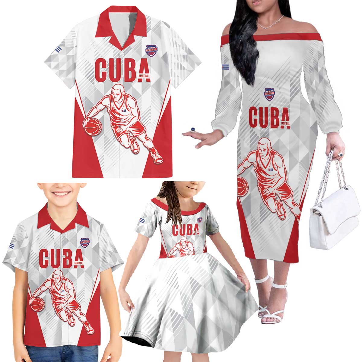 Custom Cuba Basketball Family Matching Off The Shoulder Long Sleeve Dress and Hawaiian Shirt Sporty Style