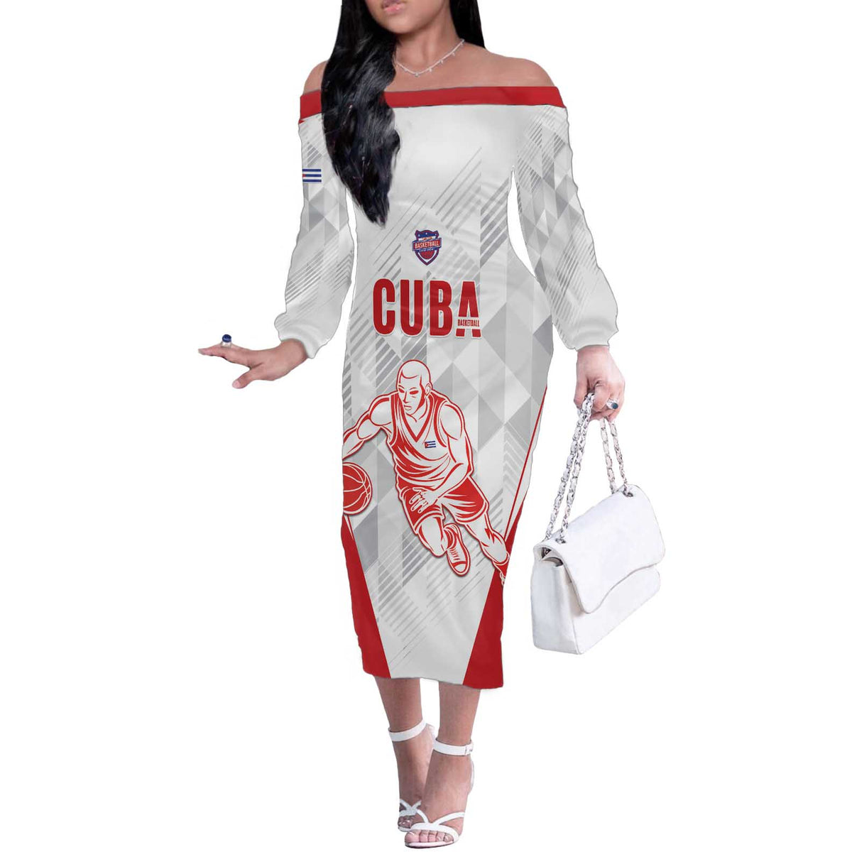 Custom Cuba Basketball Off The Shoulder Long Sleeve Dress Sporty Style