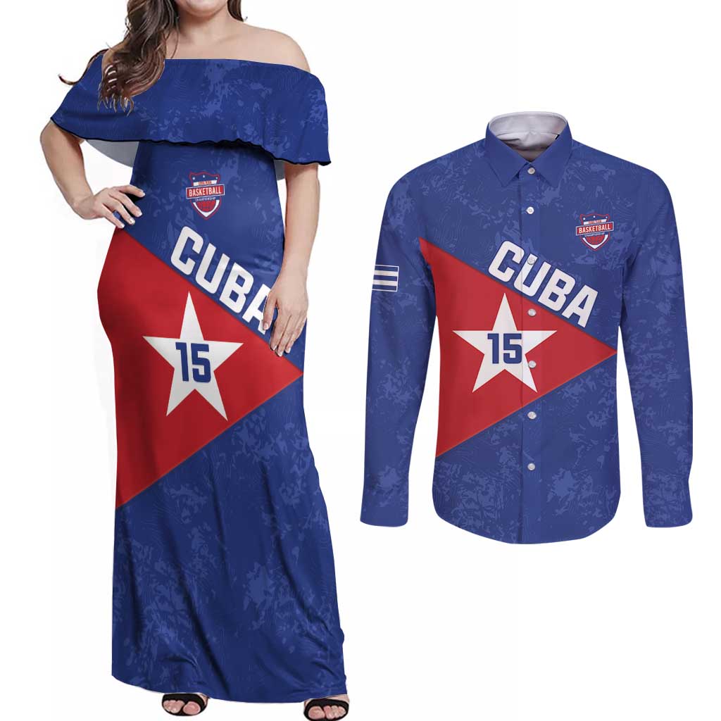 Custom Cuba Basketball Couples Matching Off Shoulder Maxi Dress and Long Sleeve Button Shirt Flag Style