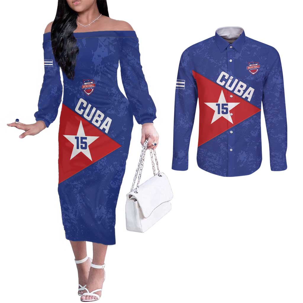 Custom Cuba Basketball Couples Matching Off The Shoulder Long Sleeve Dress and Long Sleeve Button Shirt Flag Style