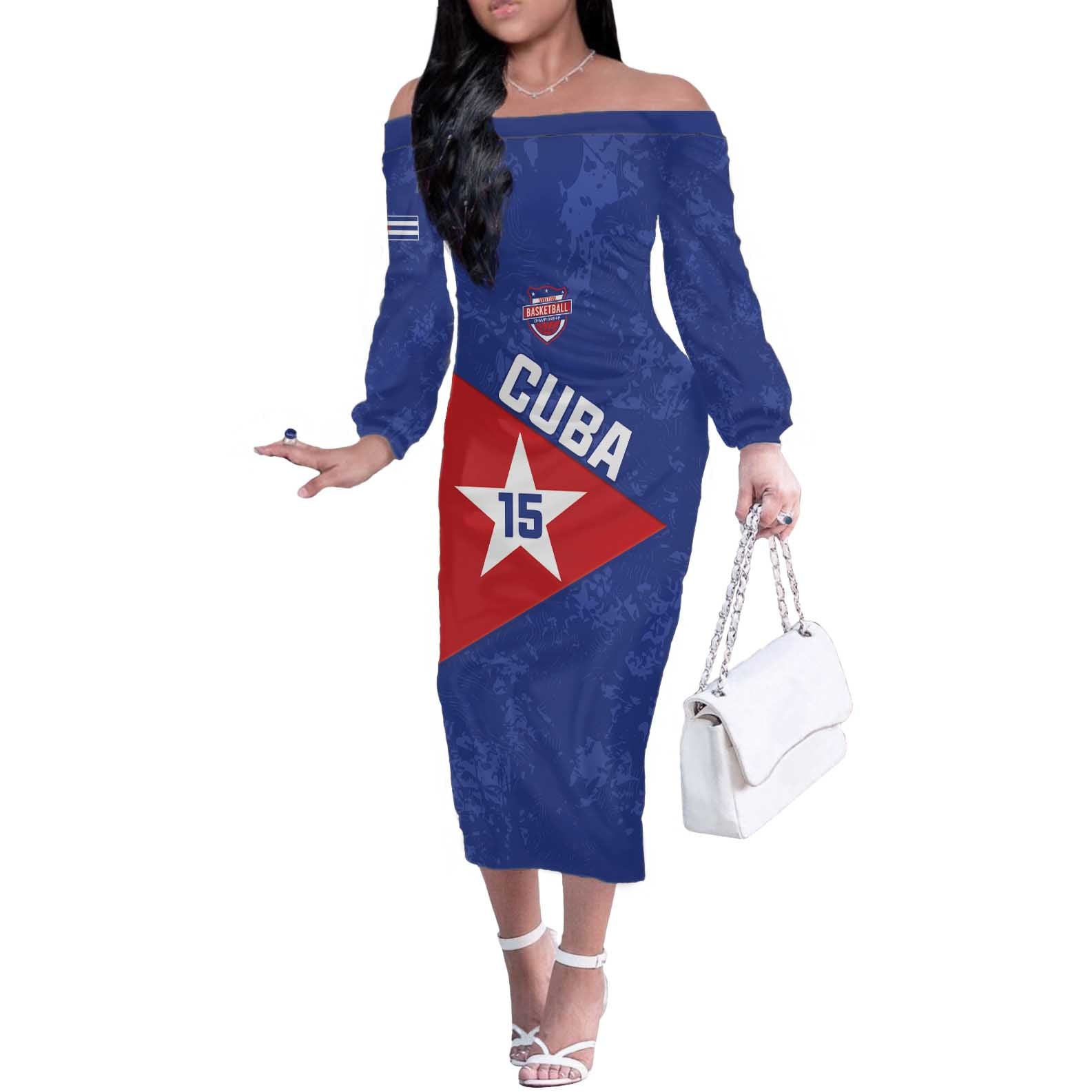 Custom Cuba Basketball Off The Shoulder Long Sleeve Dress Flag Style