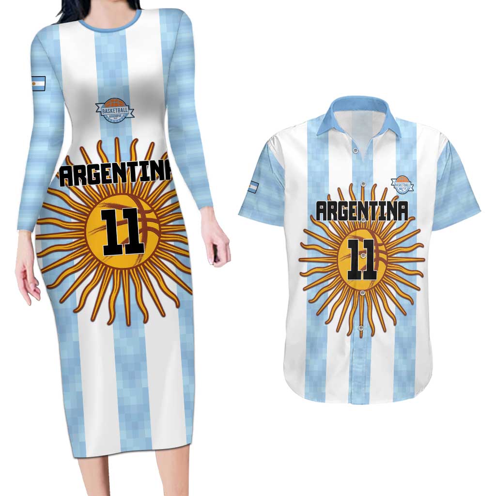 Custom Argentina Basketball Couples Matching Long Sleeve Bodycon Dress and Hawaiian Shirt Go El Alma Argentina