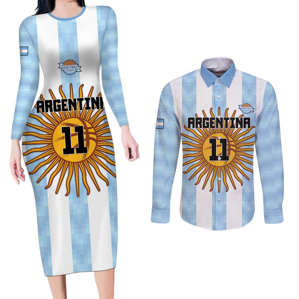 Custom Argentina Basketball Couples Matching Long Sleeve Bodycon Dress and Long Sleeve Button Shirt Go El Alma Argentina