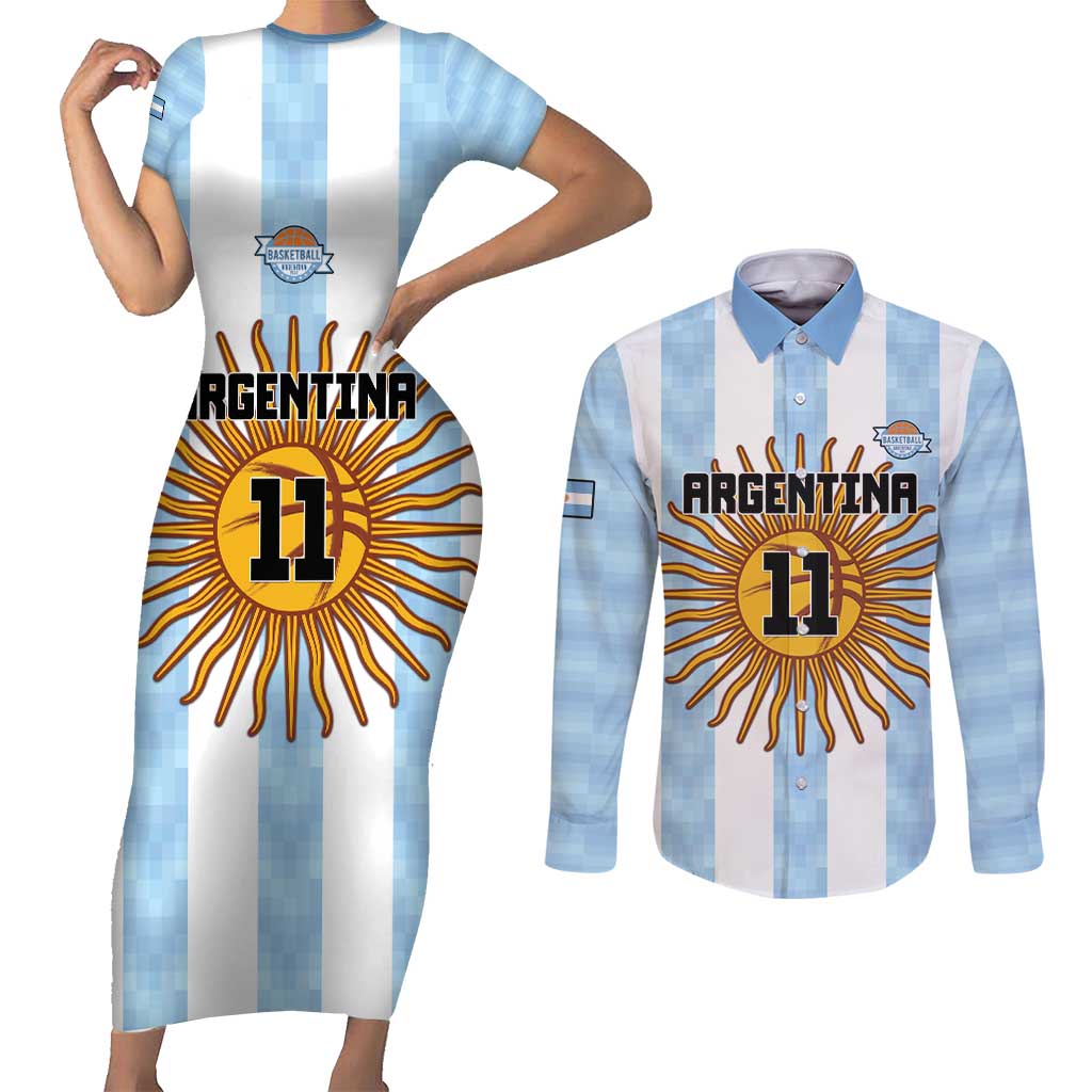 Custom Argentina Basketball Couples Matching Short Sleeve Bodycon Dress and Long Sleeve Button Shirt Go El Alma Argentina