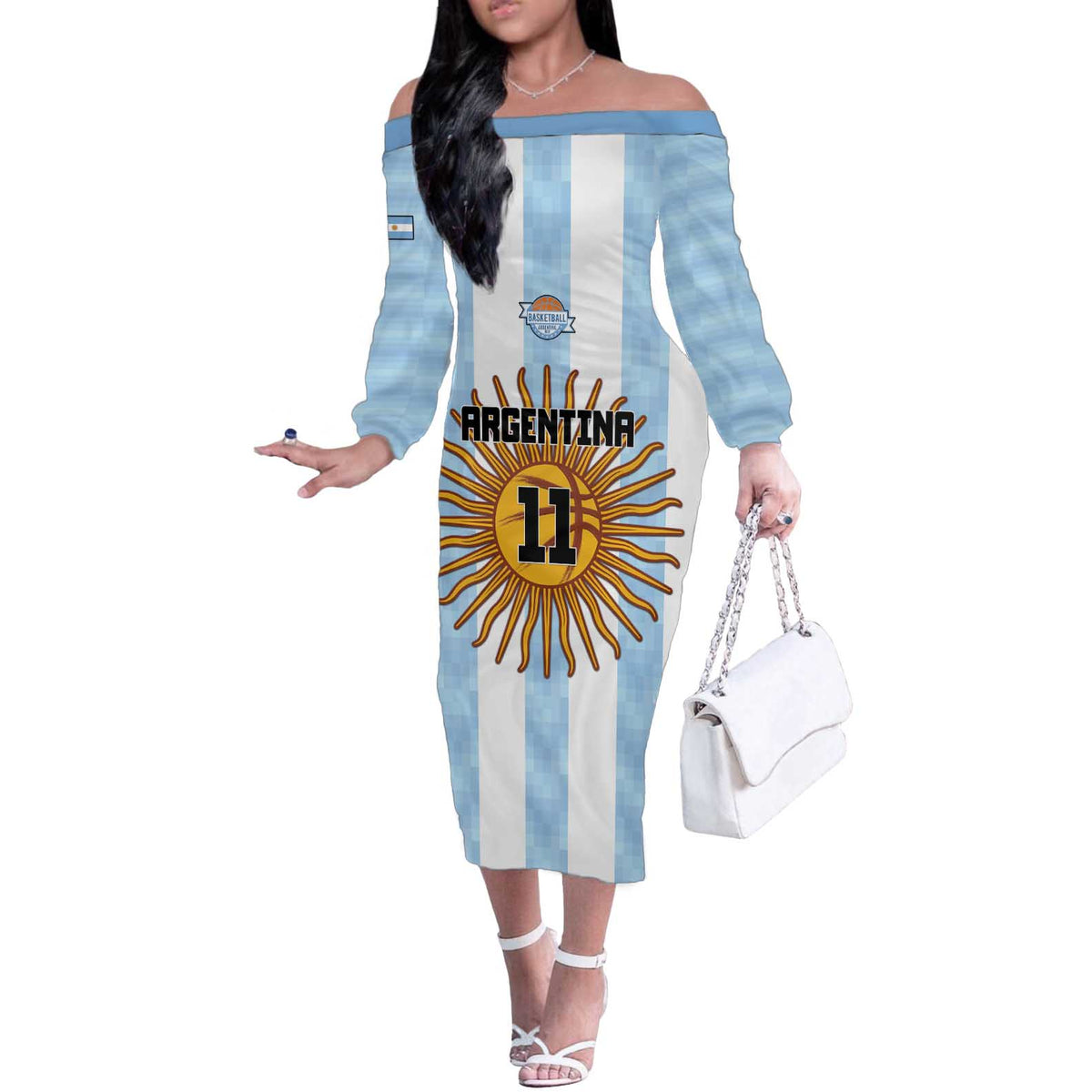 Custom Argentina Basketball Off The Shoulder Long Sleeve Dress Go El Alma Argentina