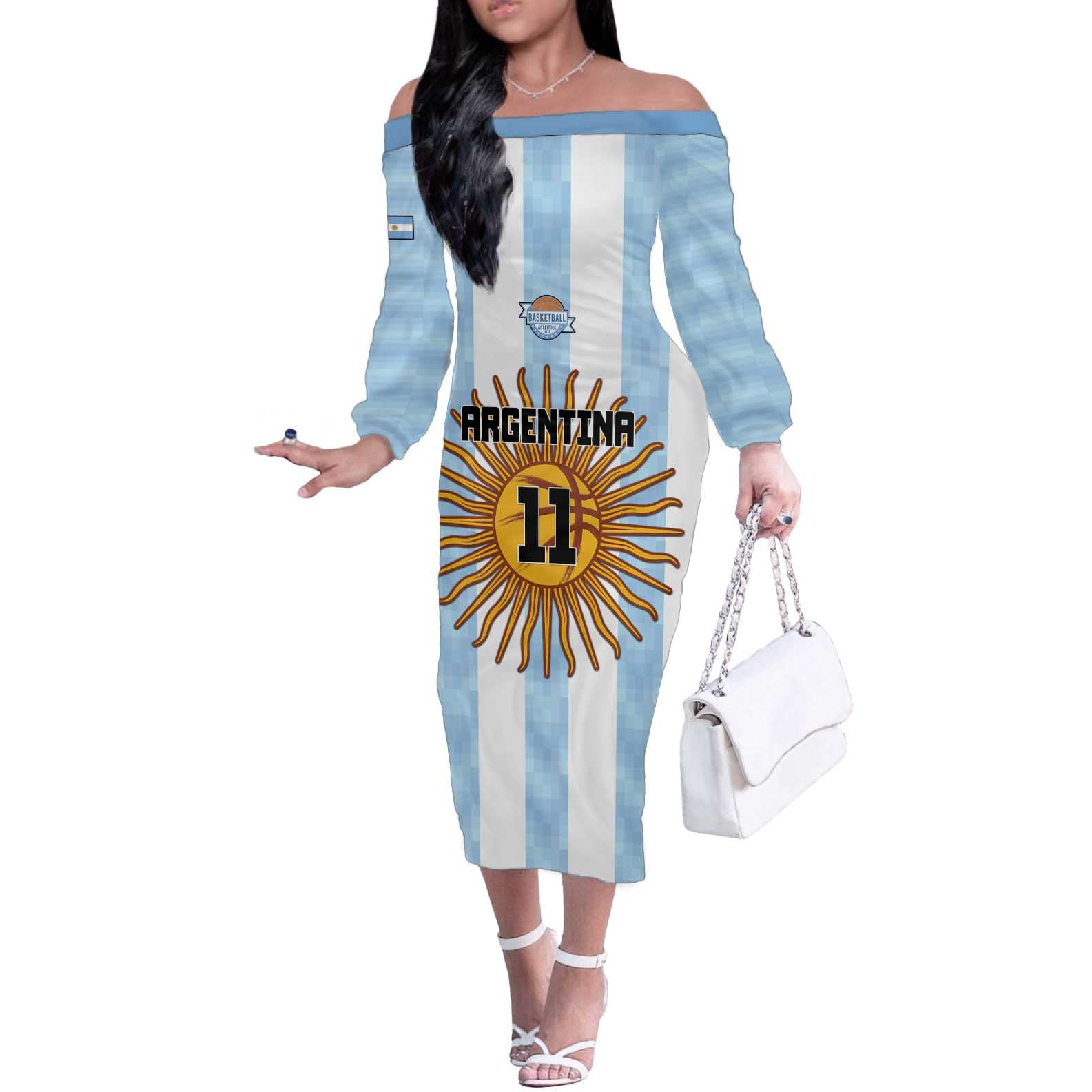 Custom Argentina Basketball Off The Shoulder Long Sleeve Dress Go El Alma Argentina