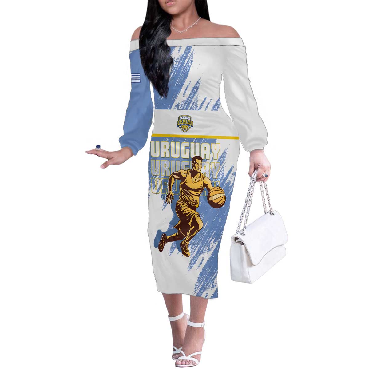 Custom Uruguay Basketball Family Matching Off The Shoulder Long Sleeve Dress and Hawaiian Shirt Come On Charruas