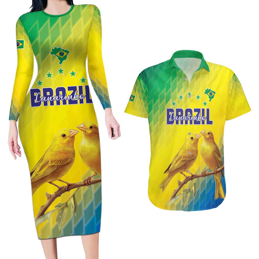 Custom Brazil Football Couples Matching Long Sleeve Bodycon Dress and Hawaiian Shirt Go Canarinho Go
