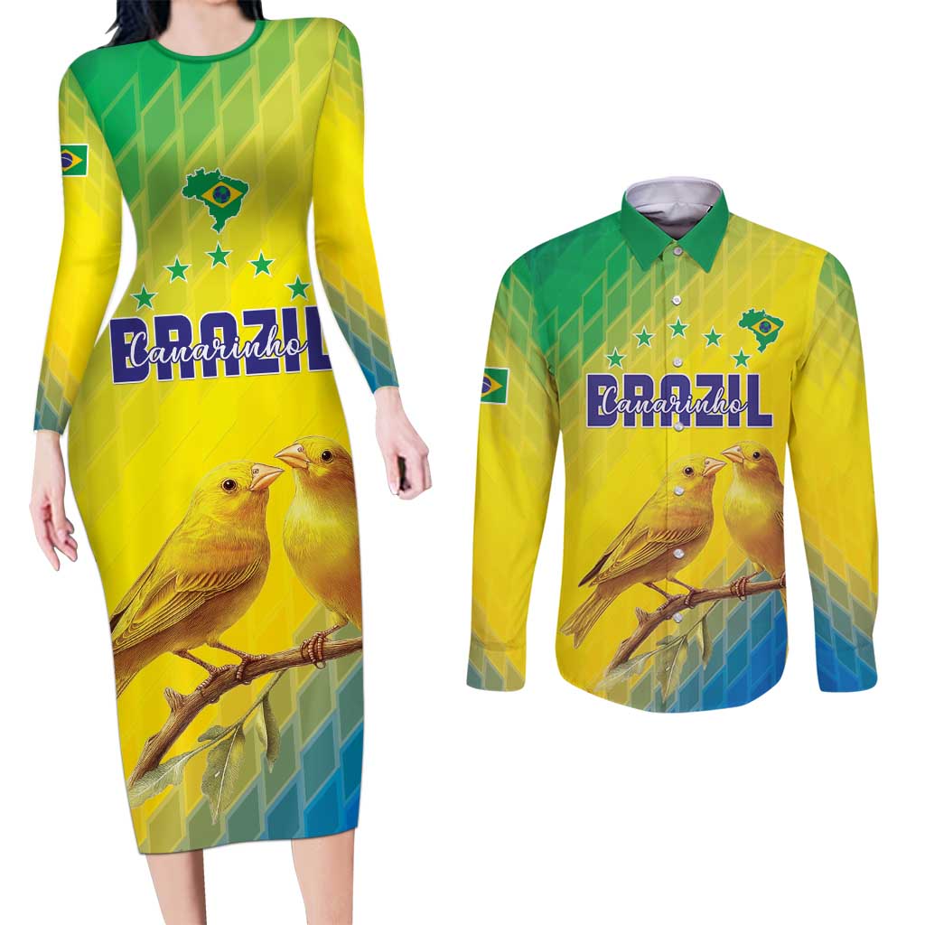Custom Brazil Football Couples Matching Long Sleeve Bodycon Dress and Long Sleeve Button Shirt Go Canarinho Go
