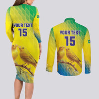 Custom Brazil Football Couples Matching Long Sleeve Bodycon Dress and Long Sleeve Button Shirt Go Canarinho Go