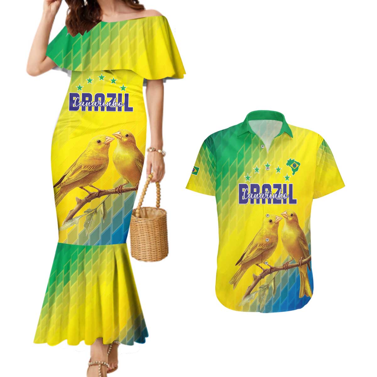 Custom Brazil Football Couples Matching Mermaid Dress and Hawaiian Shirt Go Canarinho Go