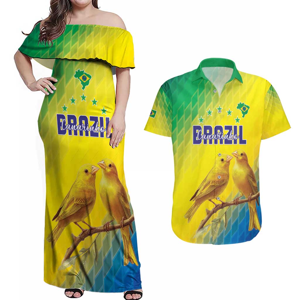 Custom Brazil Football Couples Matching Off Shoulder Maxi Dress and Hawaiian Shirt Go Canarinho Go