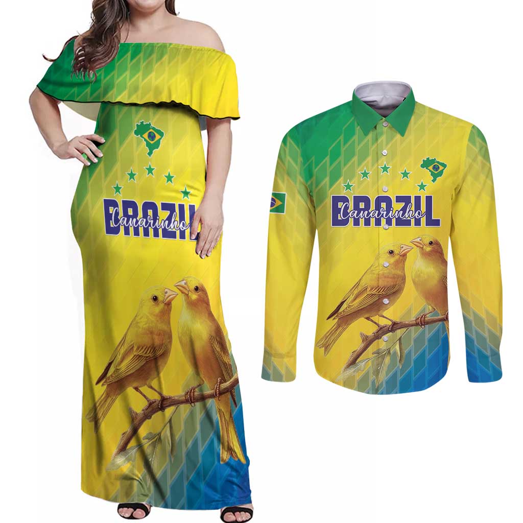 Custom Brazil Football Couples Matching Off Shoulder Maxi Dress and Long Sleeve Button Shirt Go Canarinho Go