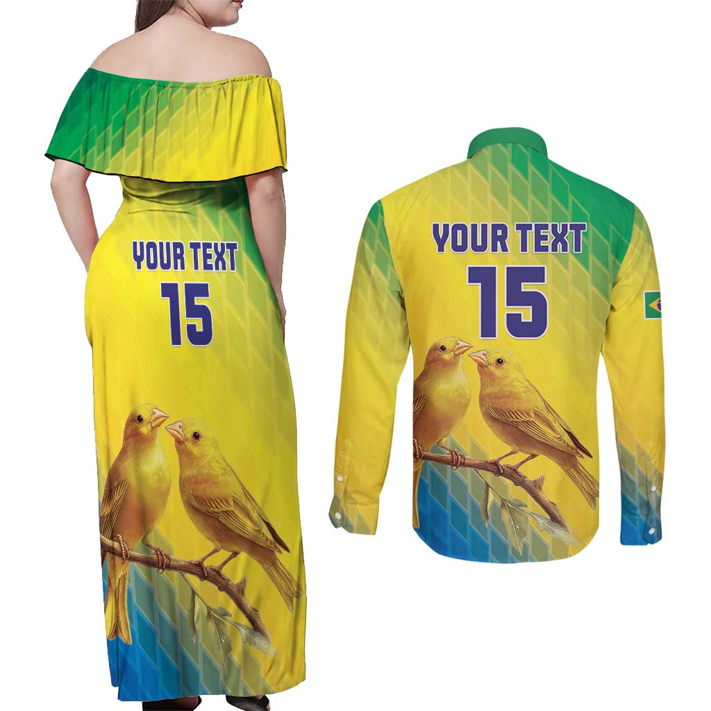 Custom Brazil Football Couples Matching Off Shoulder Maxi Dress and Long Sleeve Button Shirt Go Canarinho Go