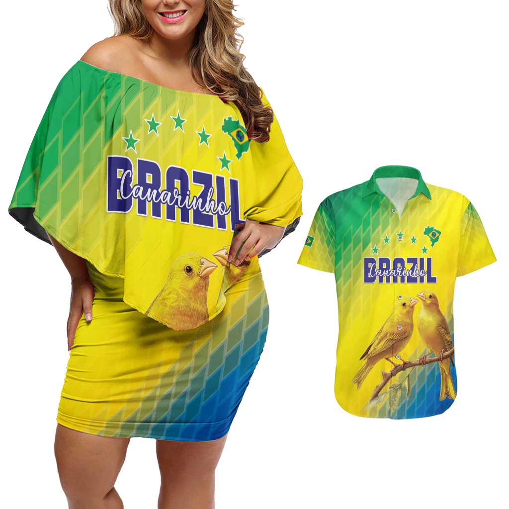 Custom Brazil Football Couples Matching Off Shoulder Short Dress and Hawaiian Shirt Go Canarinho Go